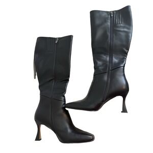 Dsevht Black Leather Knee High Boots Womens Sz 10 Stiletto Coquette Girl Zipper